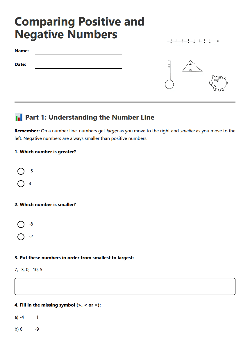 Comparing Positive Negative Numbers worksheet preview