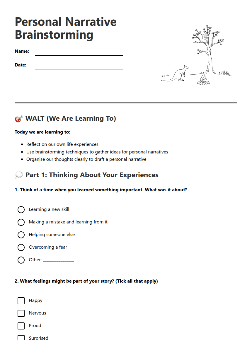 Personal Narrative Brainstorming worksheet preview