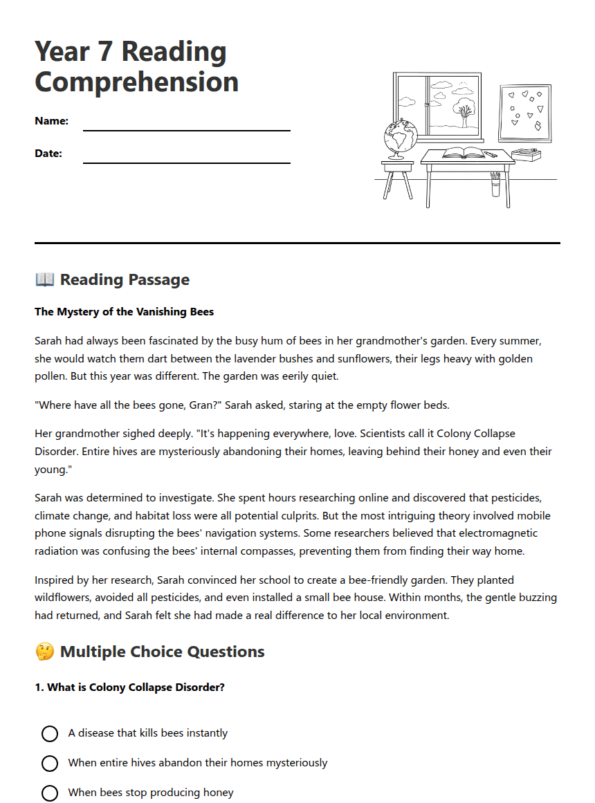 Year 7 Reading Comprehension worksheet preview
