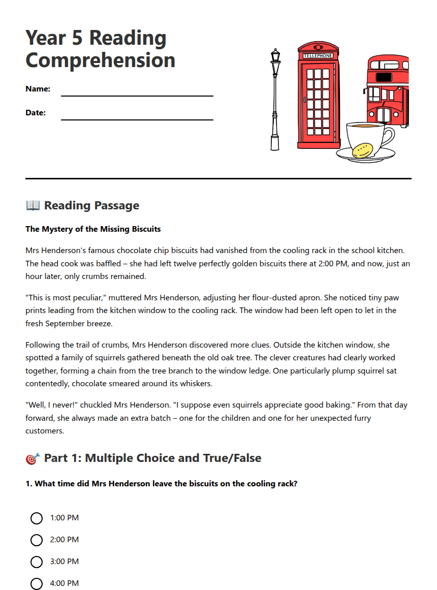 Year 5 Reading Comprehension worksheet preview