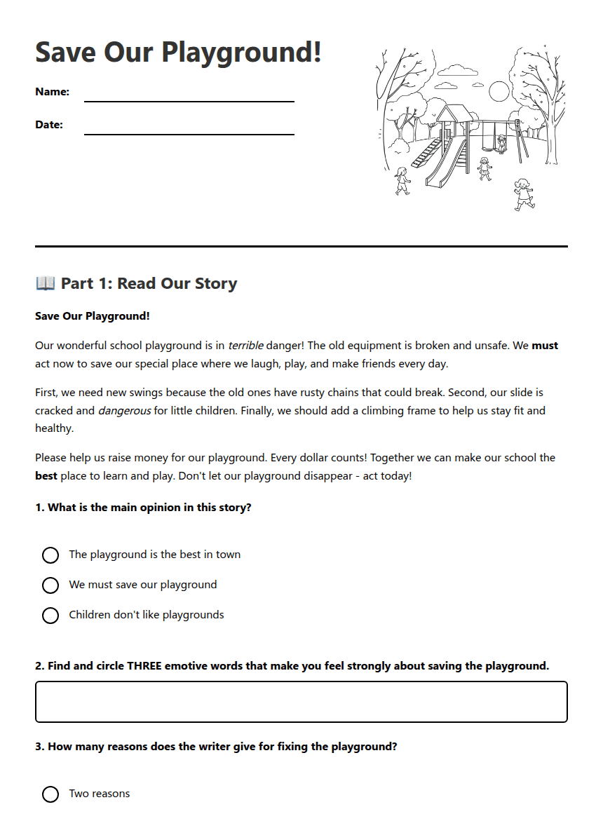 Save Our Playground! worksheet preview