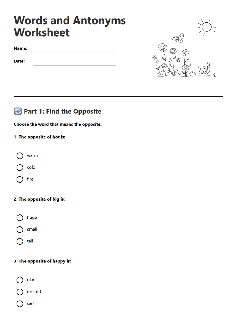 Words and Antonyms Worksheet