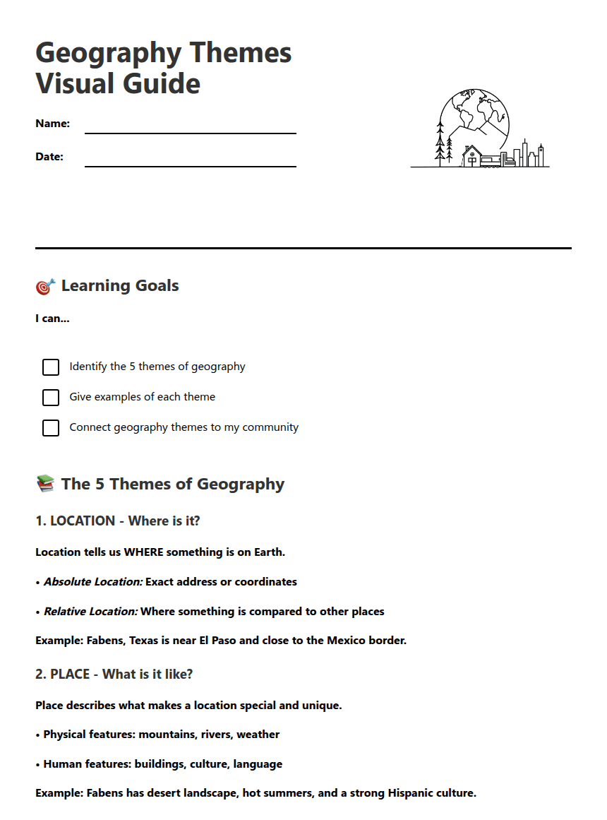 Geography Themes Visual Guide worksheet preview