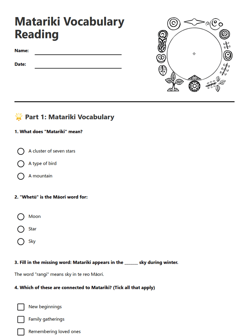 Matariki Vocabulary Reading