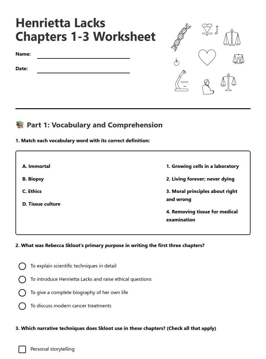 Henrietta Lacks Chapters Worksheet worksheet preview