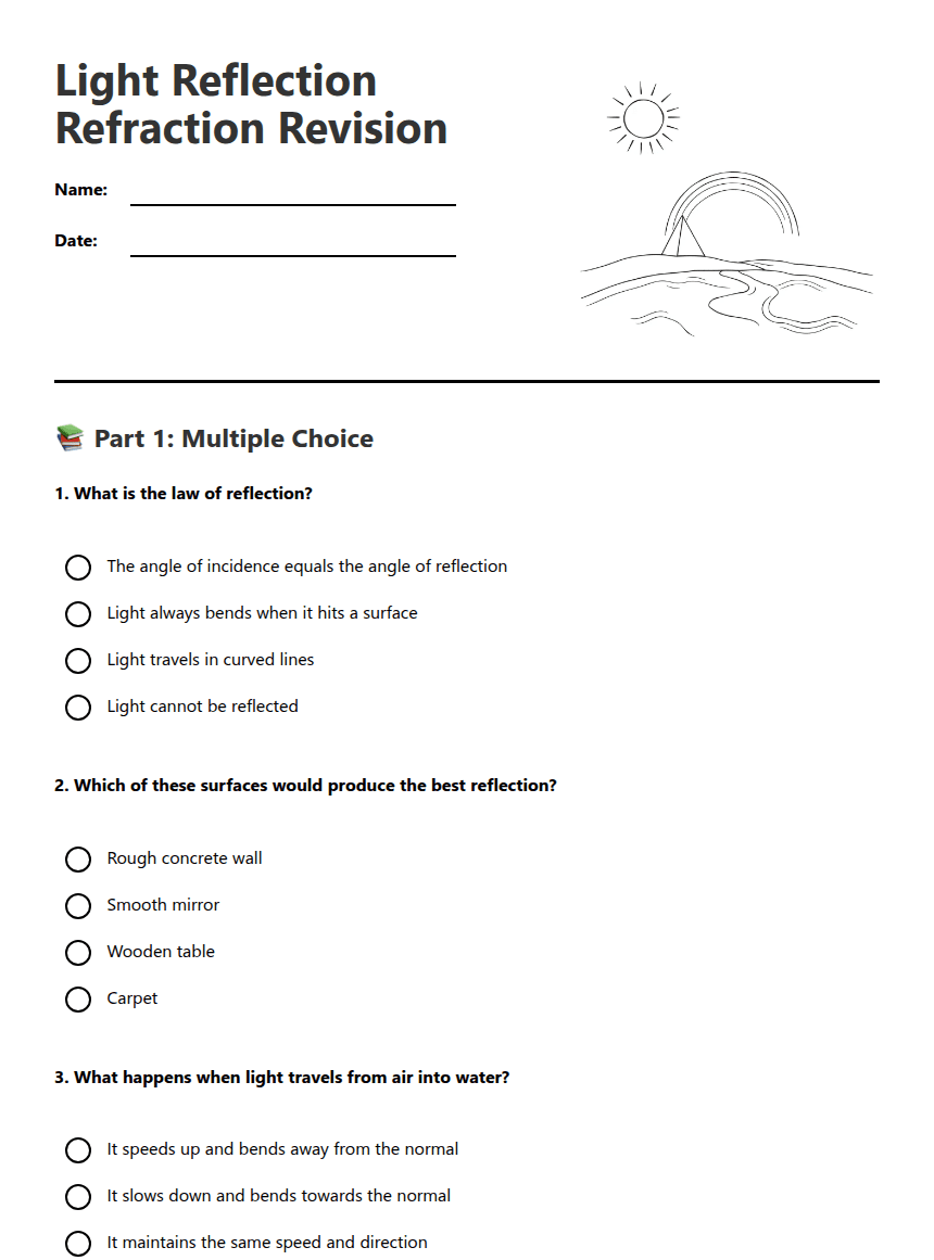 Light Reflection Refraction Revision worksheet preview
