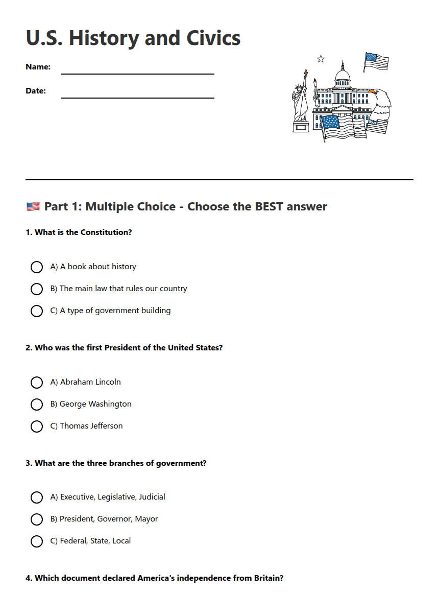 U.S. History and Civics worksheet preview