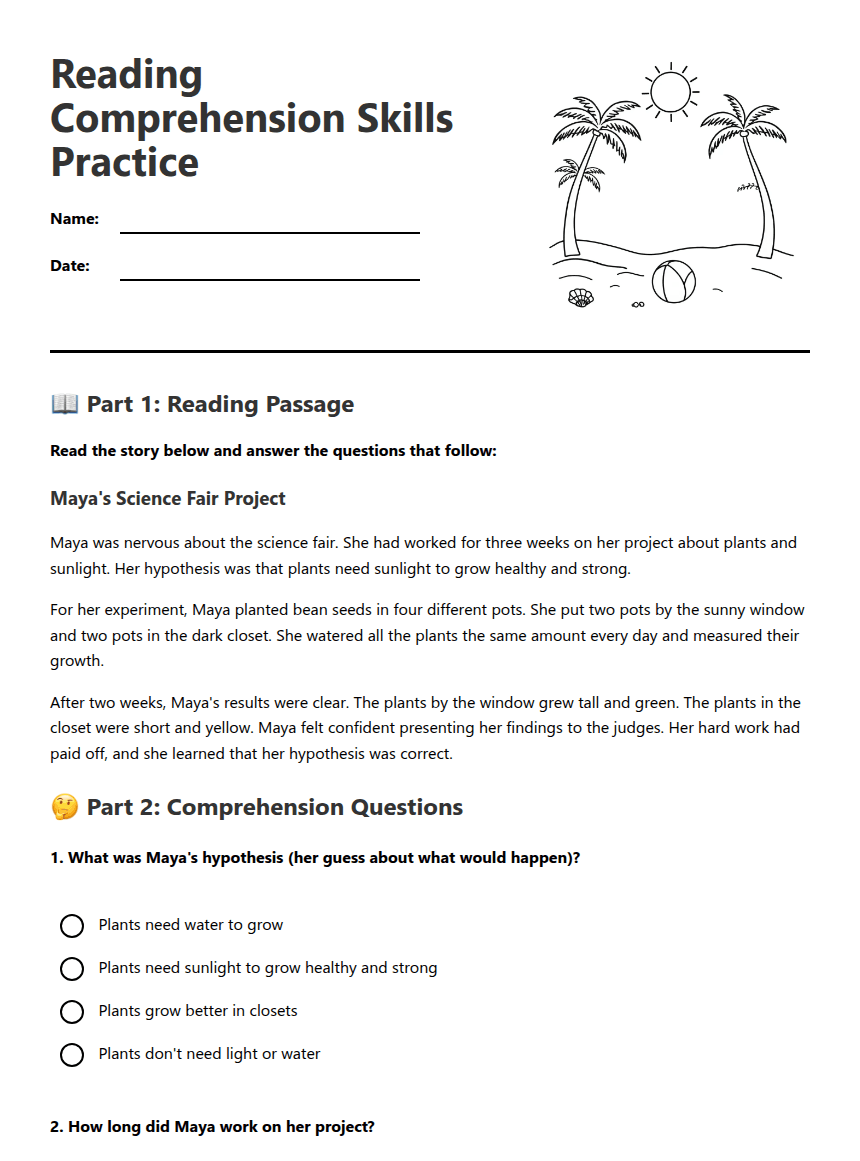 Reading Comprehension Skills Practice worksheet preview