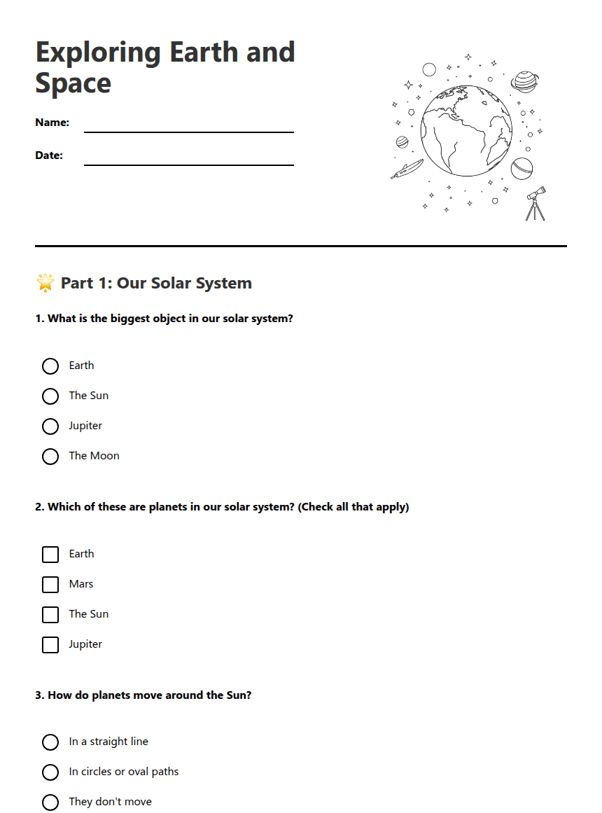 Exploring Earth and Space worksheet preview