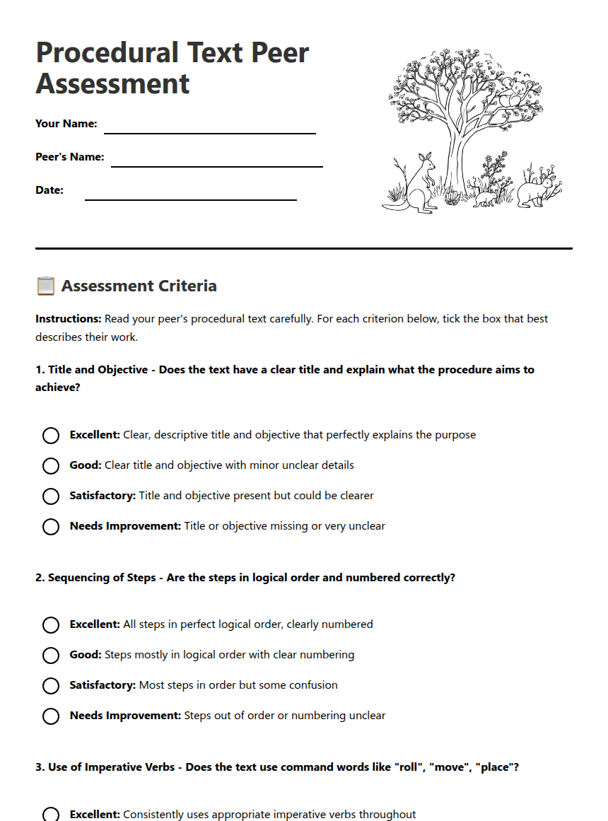 Procedural Text Peer Assessment worksheet preview