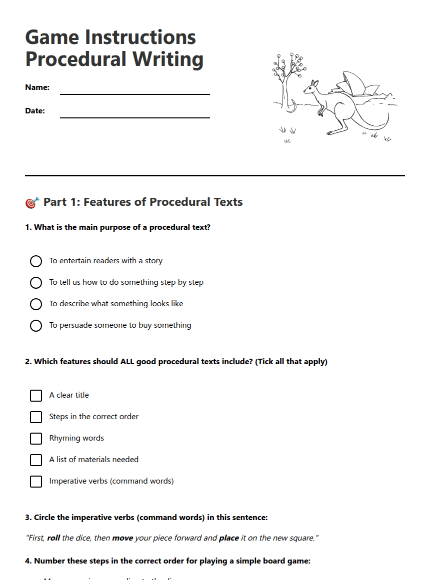 Game Instructions Procedural Writing worksheet preview