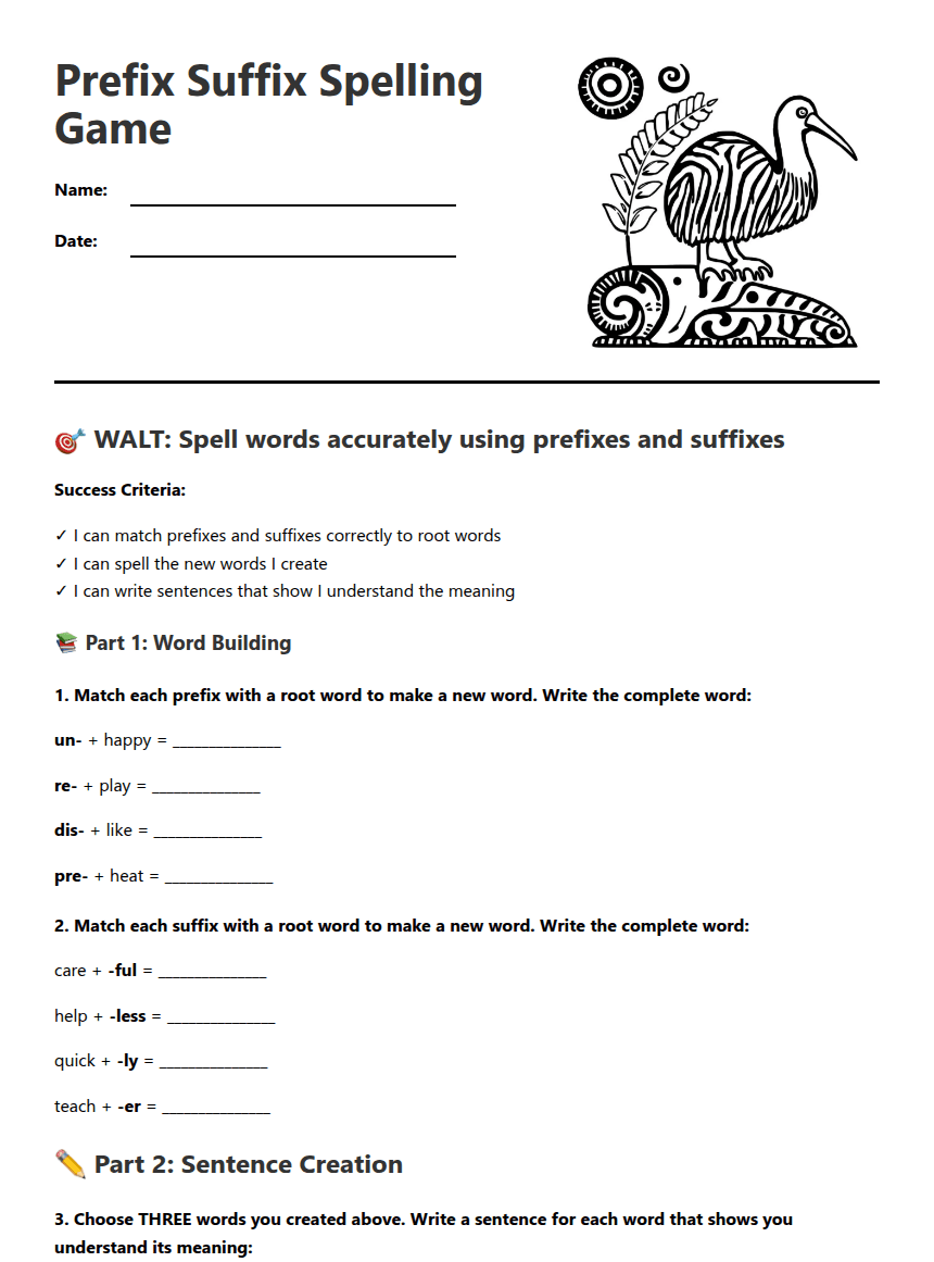 Prefix Suffix Spelling Game worksheet preview