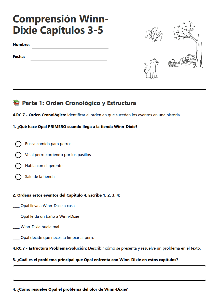Comprensión Winn-Dixie Capítulos 3-5 worksheet preview