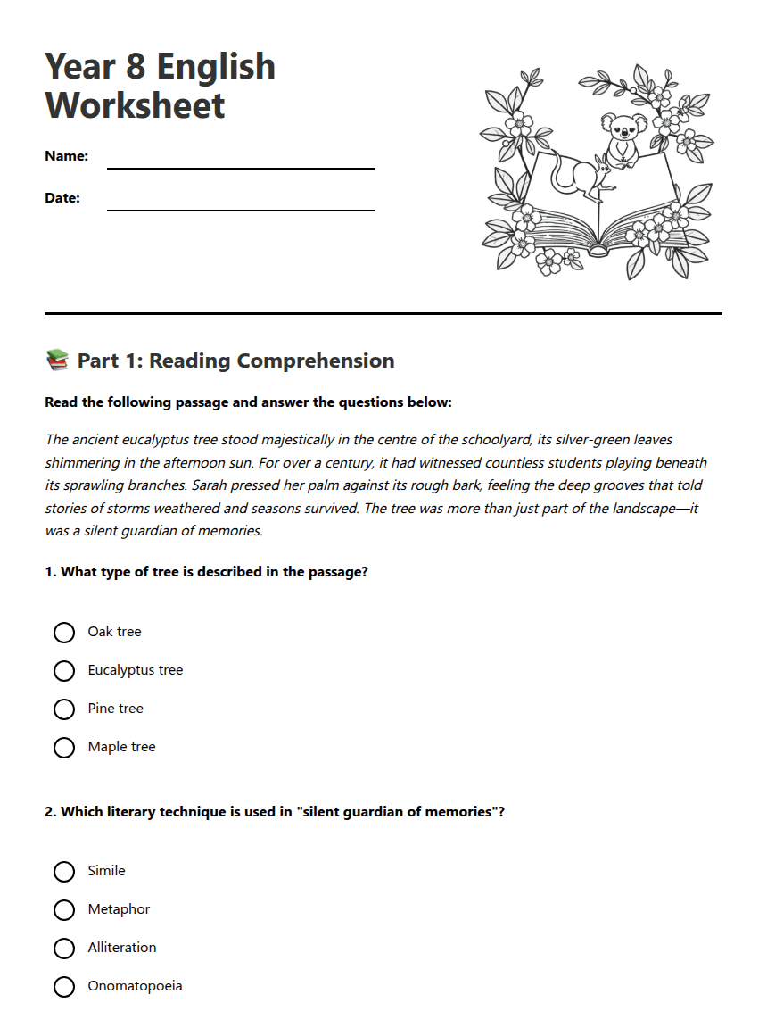 Year 8 English Worksheet worksheet preview
