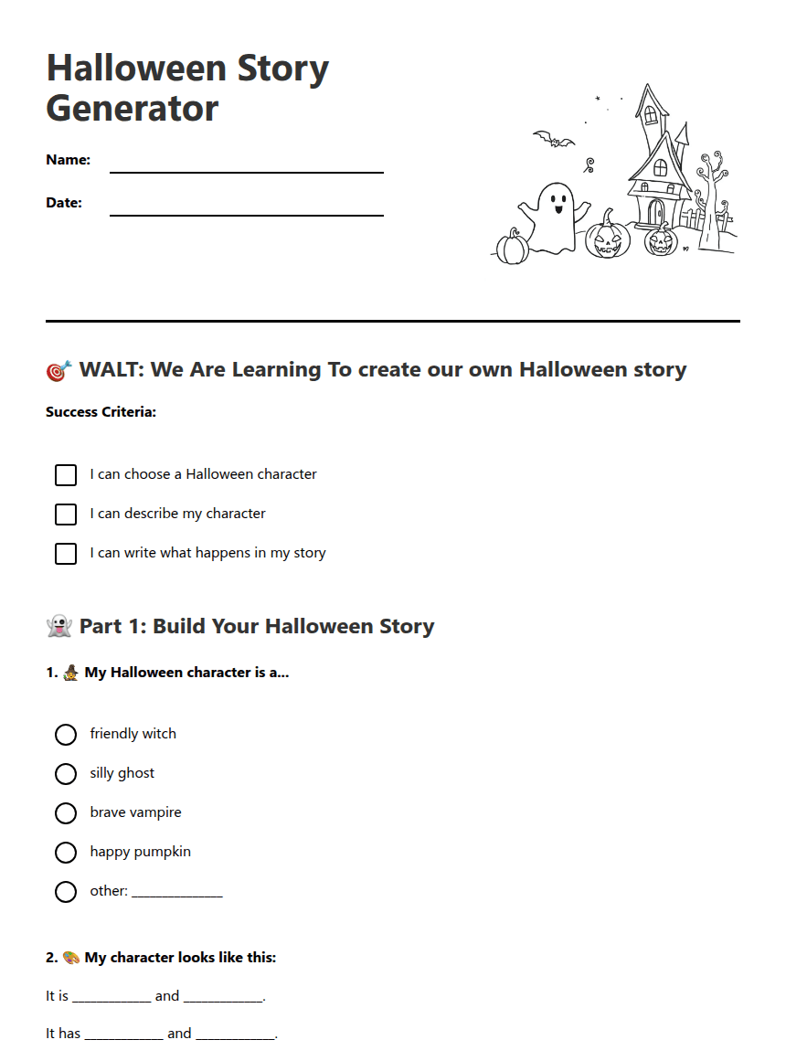 Halloween Story Generator worksheet preview
