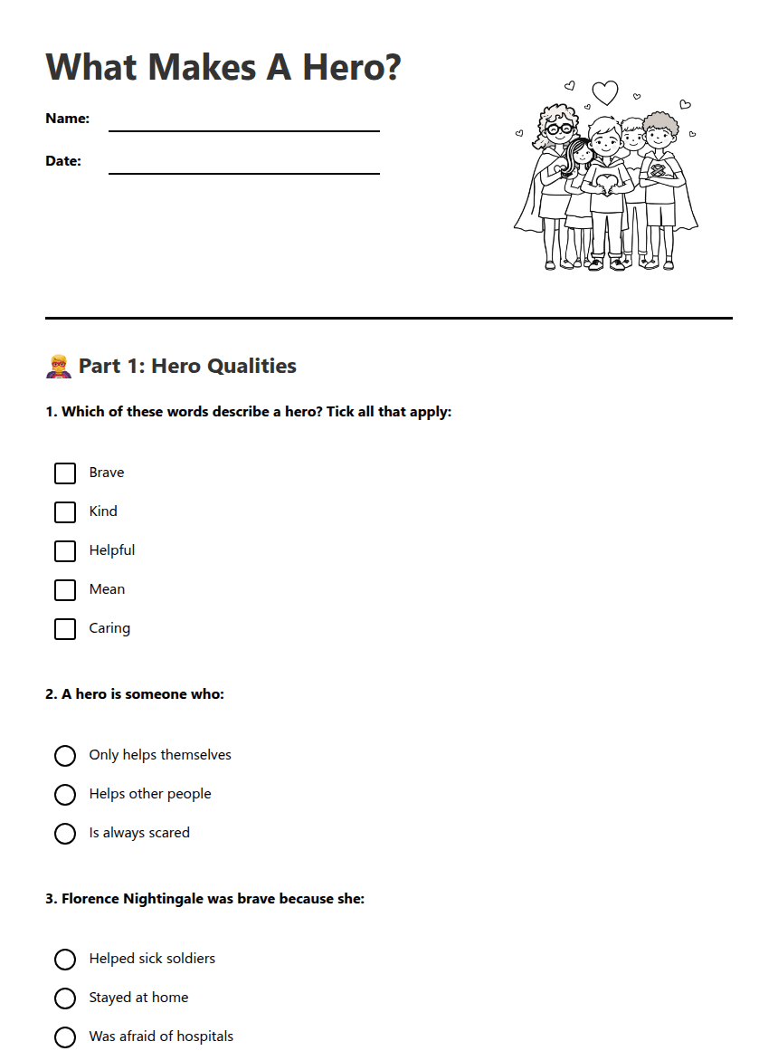 What Makes A Hero? worksheet preview