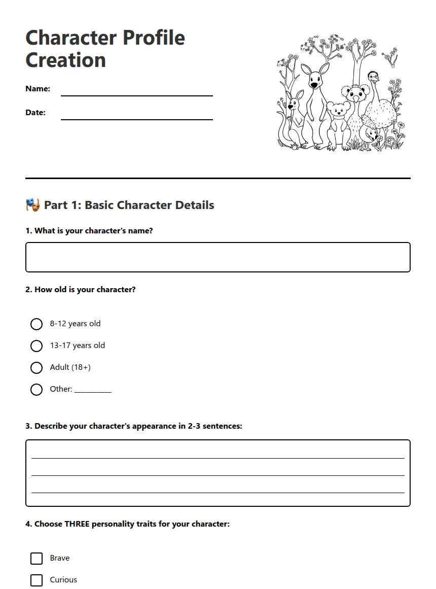 Character Profile Creation worksheet preview