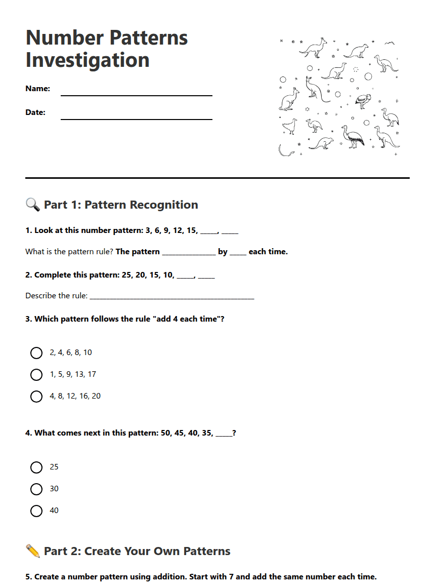 Number Patterns Investigation worksheet preview