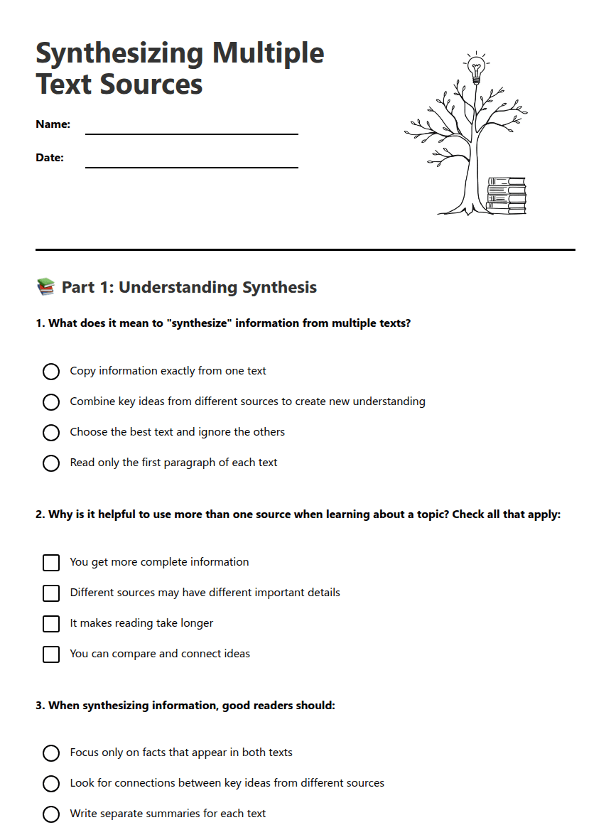 Synthesizing Multiple Text Sources worksheet preview