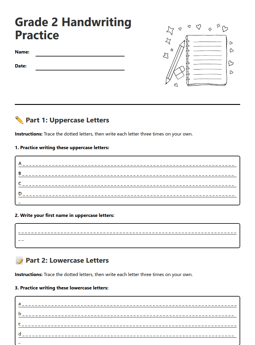 Grade 2 Handwriting Practice worksheet preview