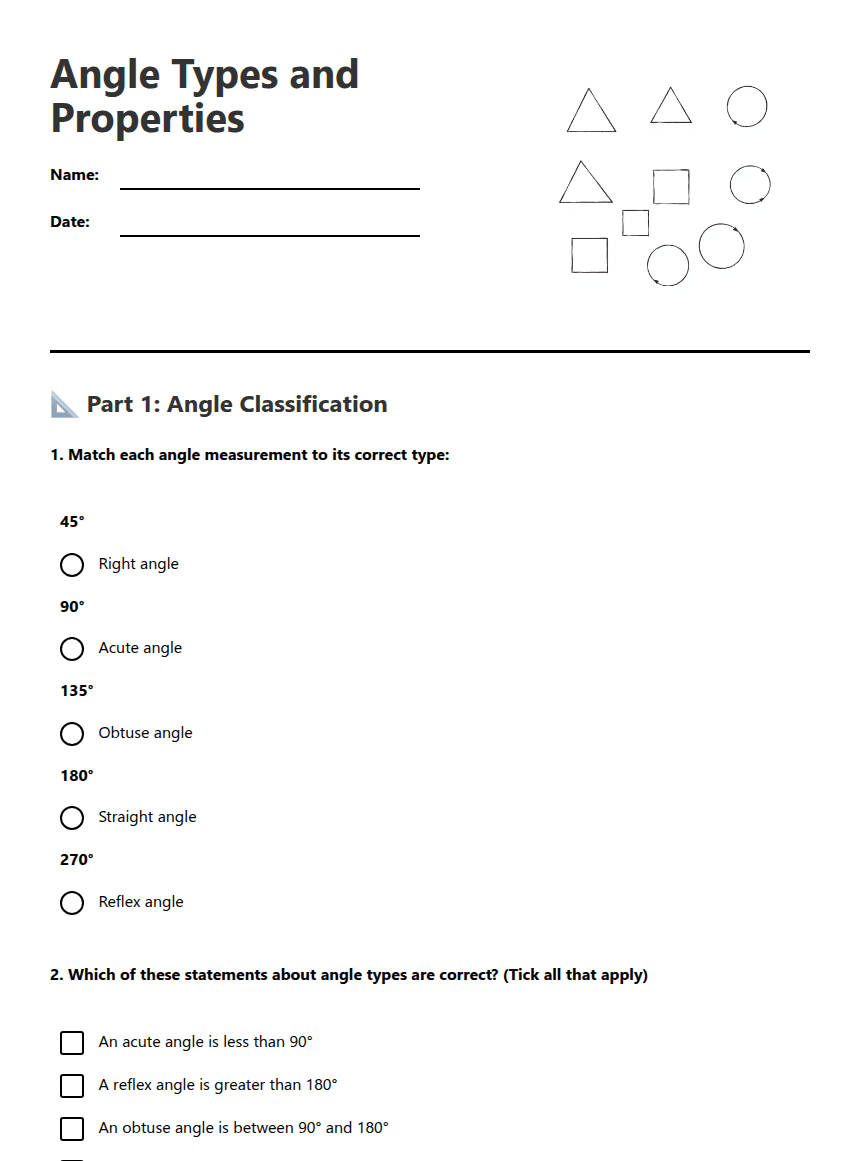 Angle Types and Properties worksheet preview