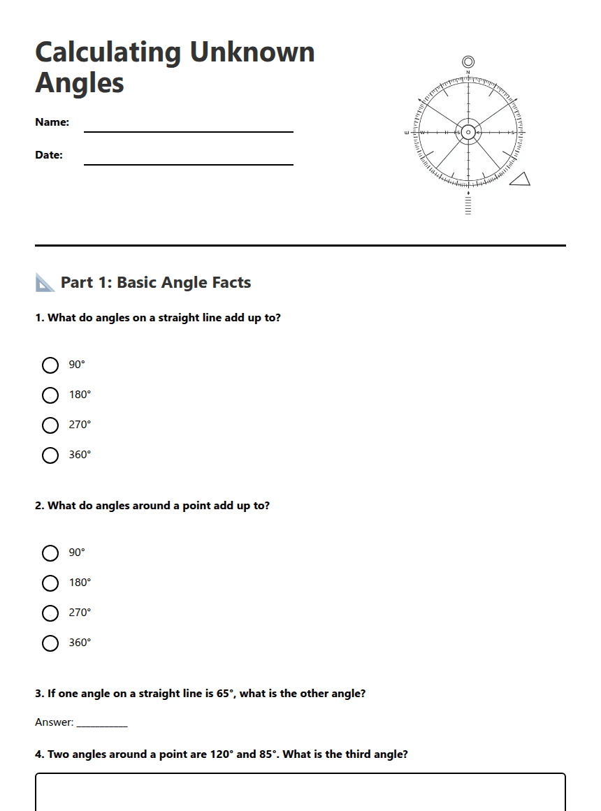 Calculating Unknown Angles worksheet preview