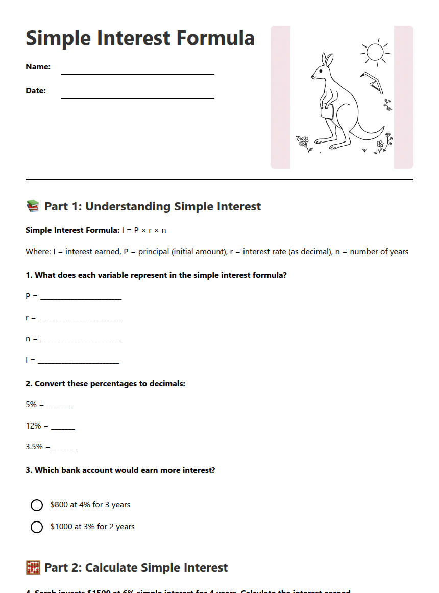 Simple Interest Formula worksheet preview