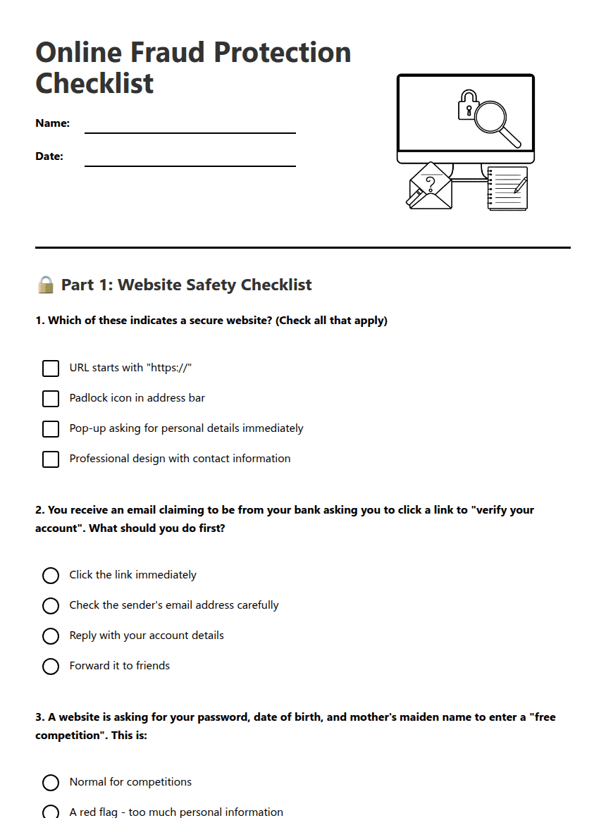 Online Fraud Protection Checklist worksheet preview