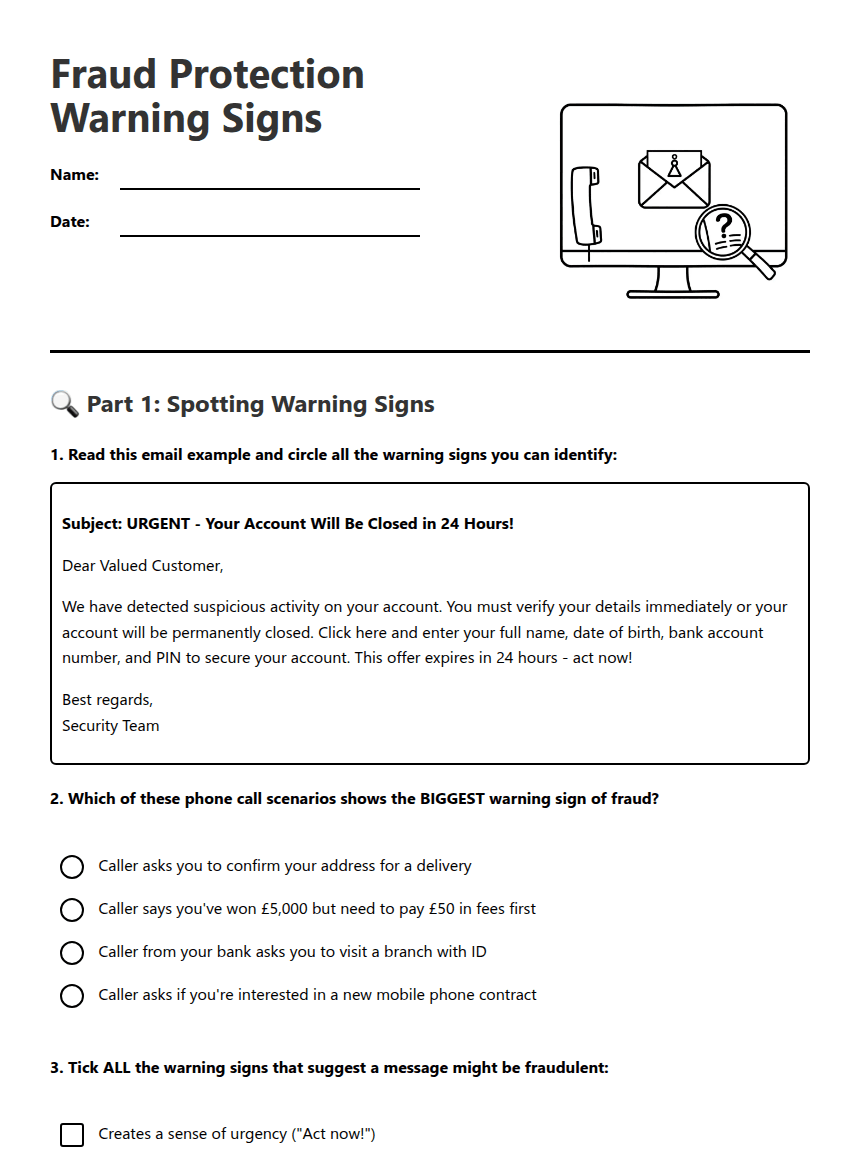 Fraud Protection Warning Signs worksheet preview
