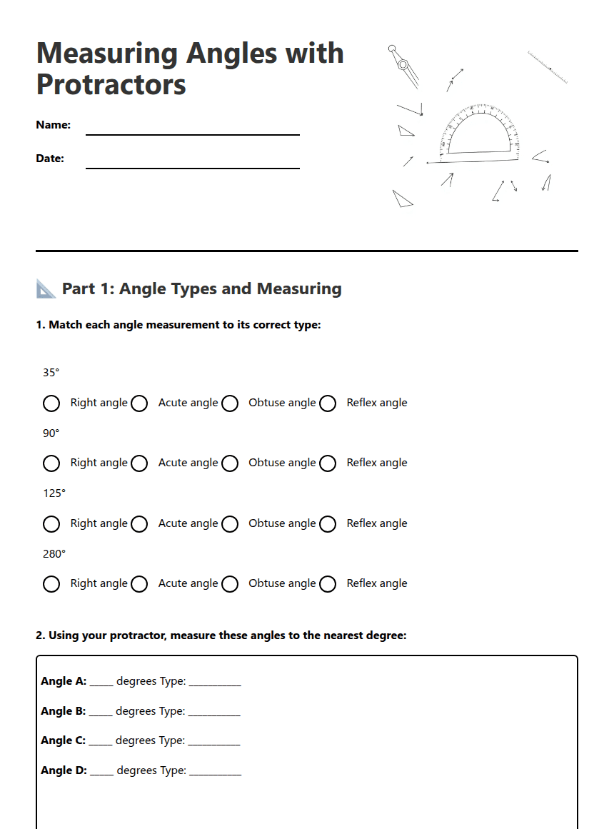 Measuring Angles with Protractors worksheet preview