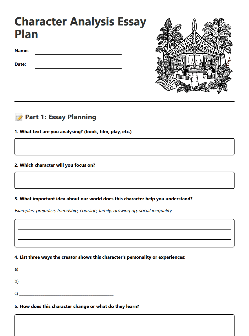 Character Analysis Essay Plan worksheet preview