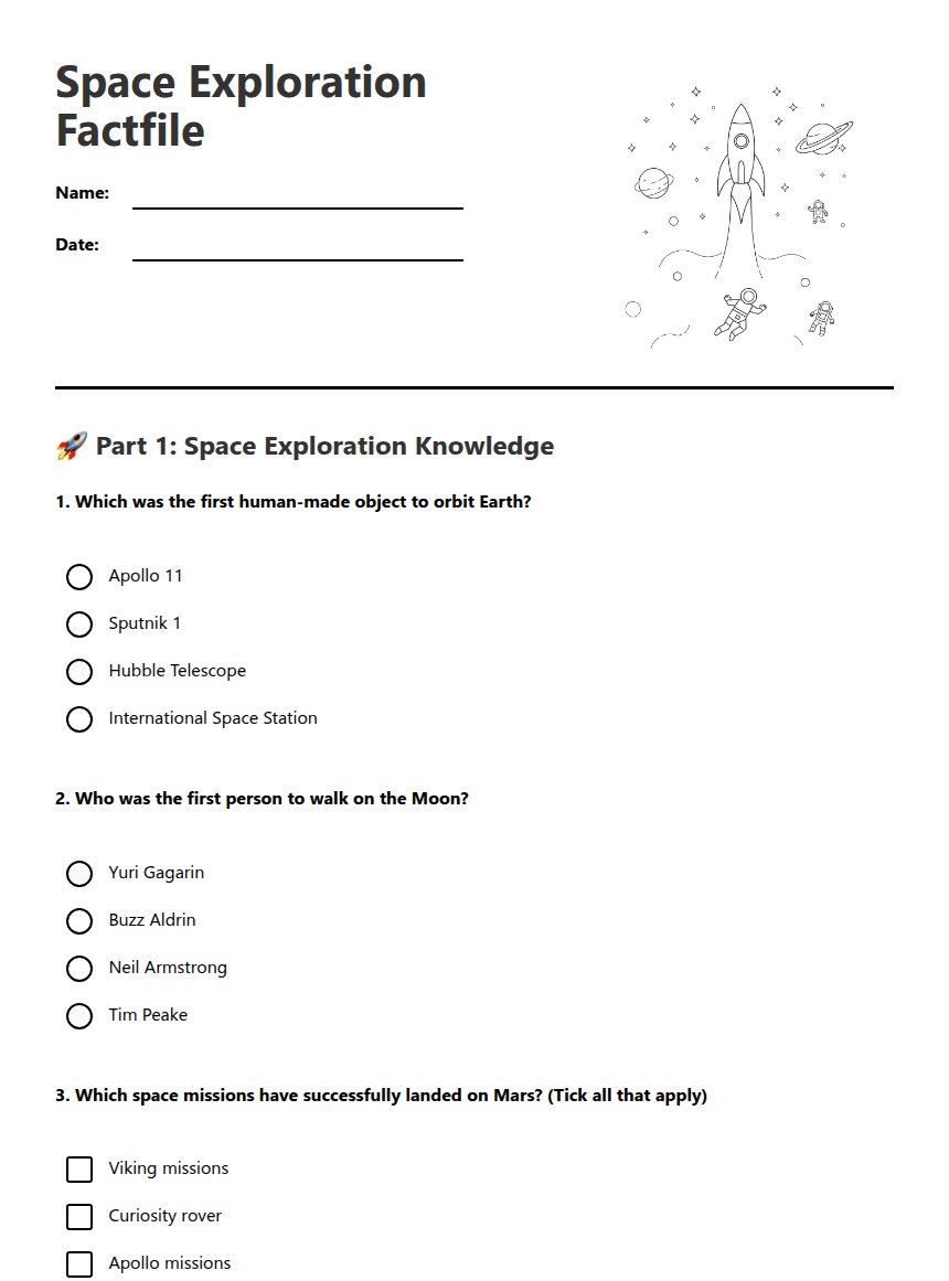 Space Exploration Factfile worksheet preview