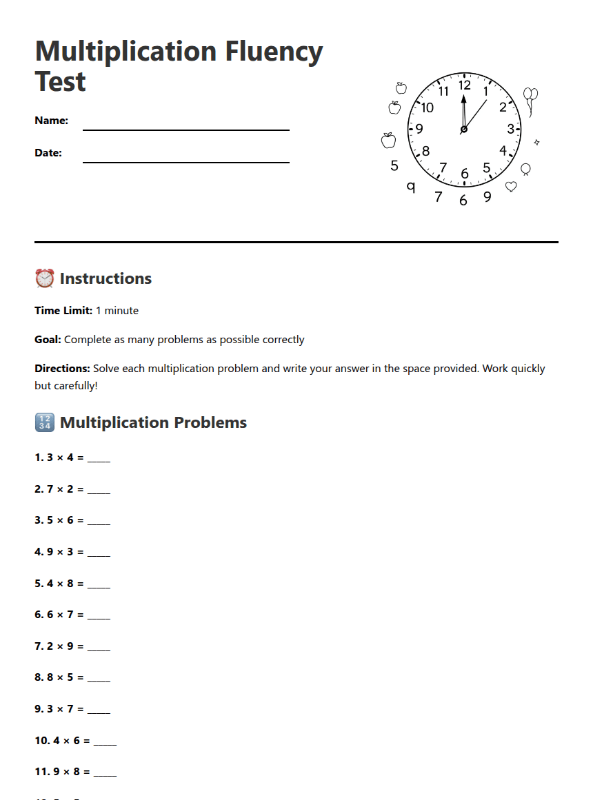 Multiplication Fluency Test worksheet preview