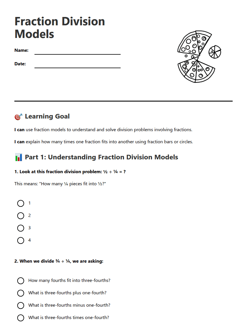 Fraction Division Models worksheet preview