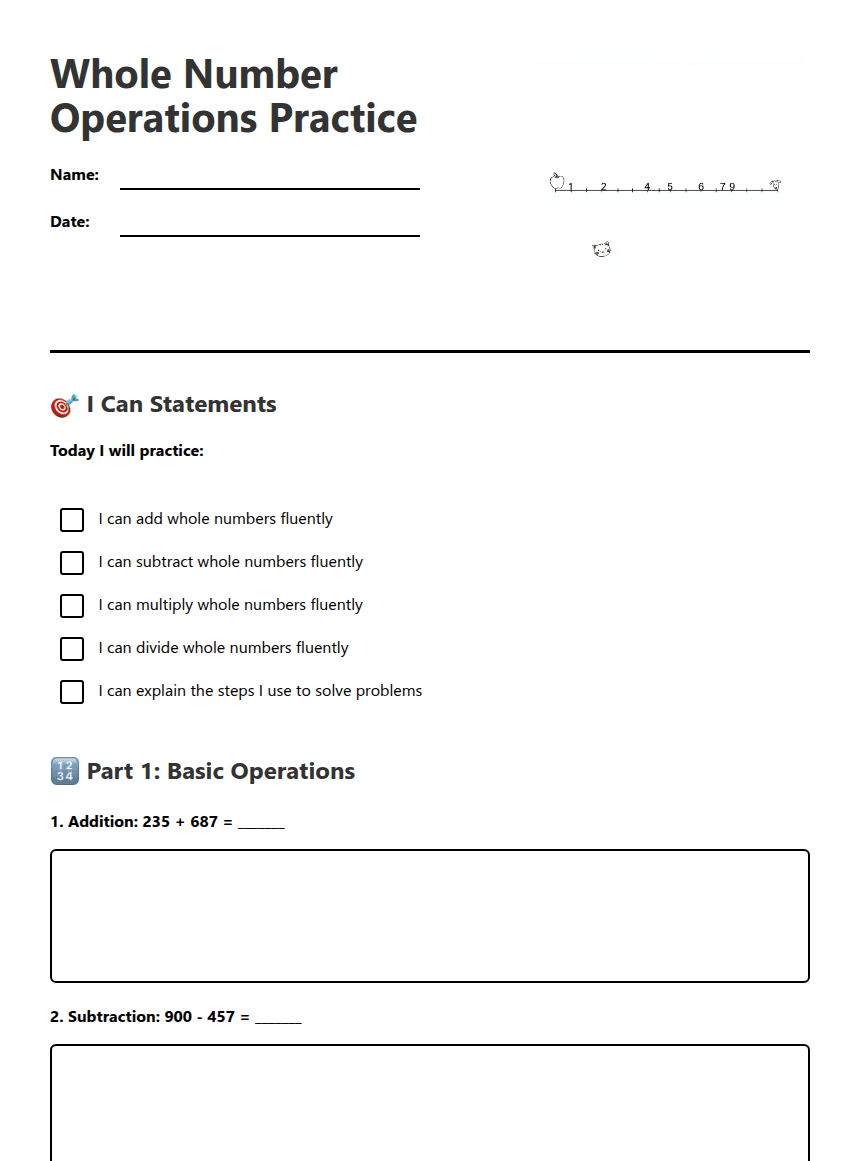 Whole Number Operations Practice worksheet preview