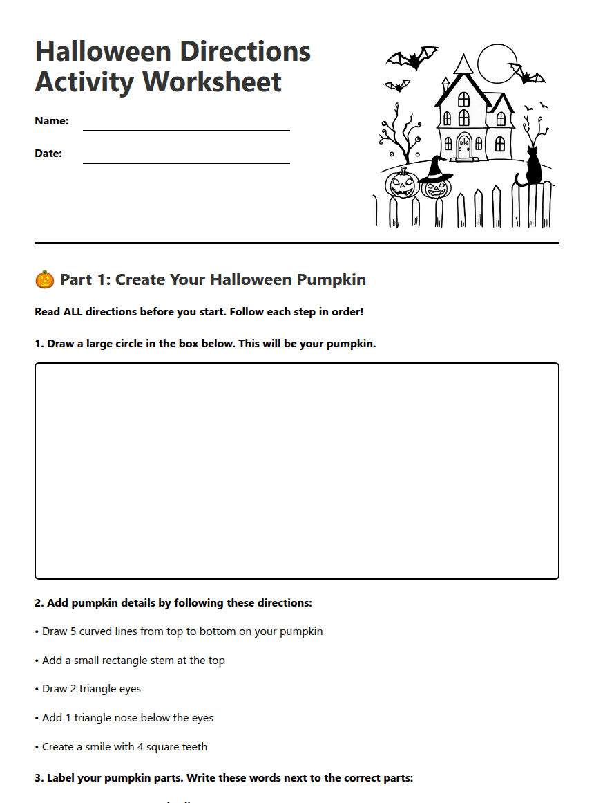 Halloween Directions Activity Worksheet worksheet preview