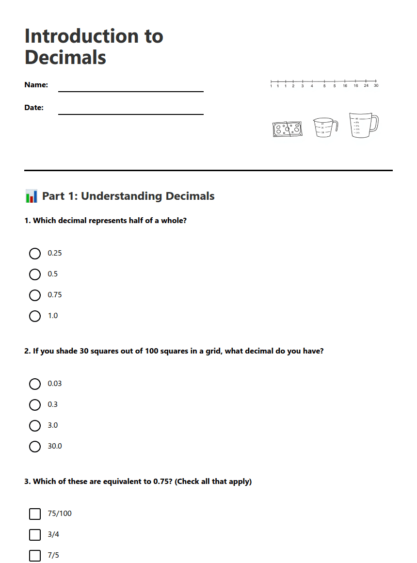 Introduction to Decimals worksheet preview