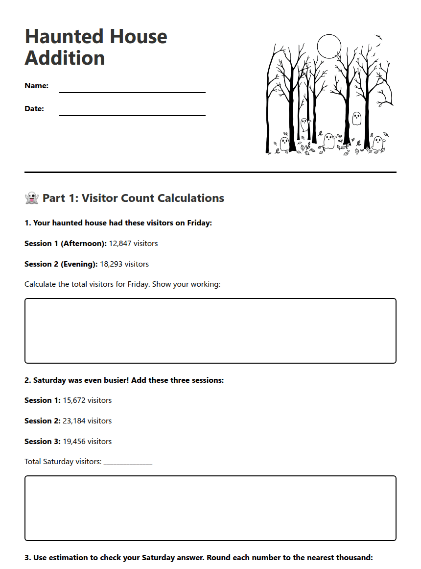 Haunted House Addition worksheet preview