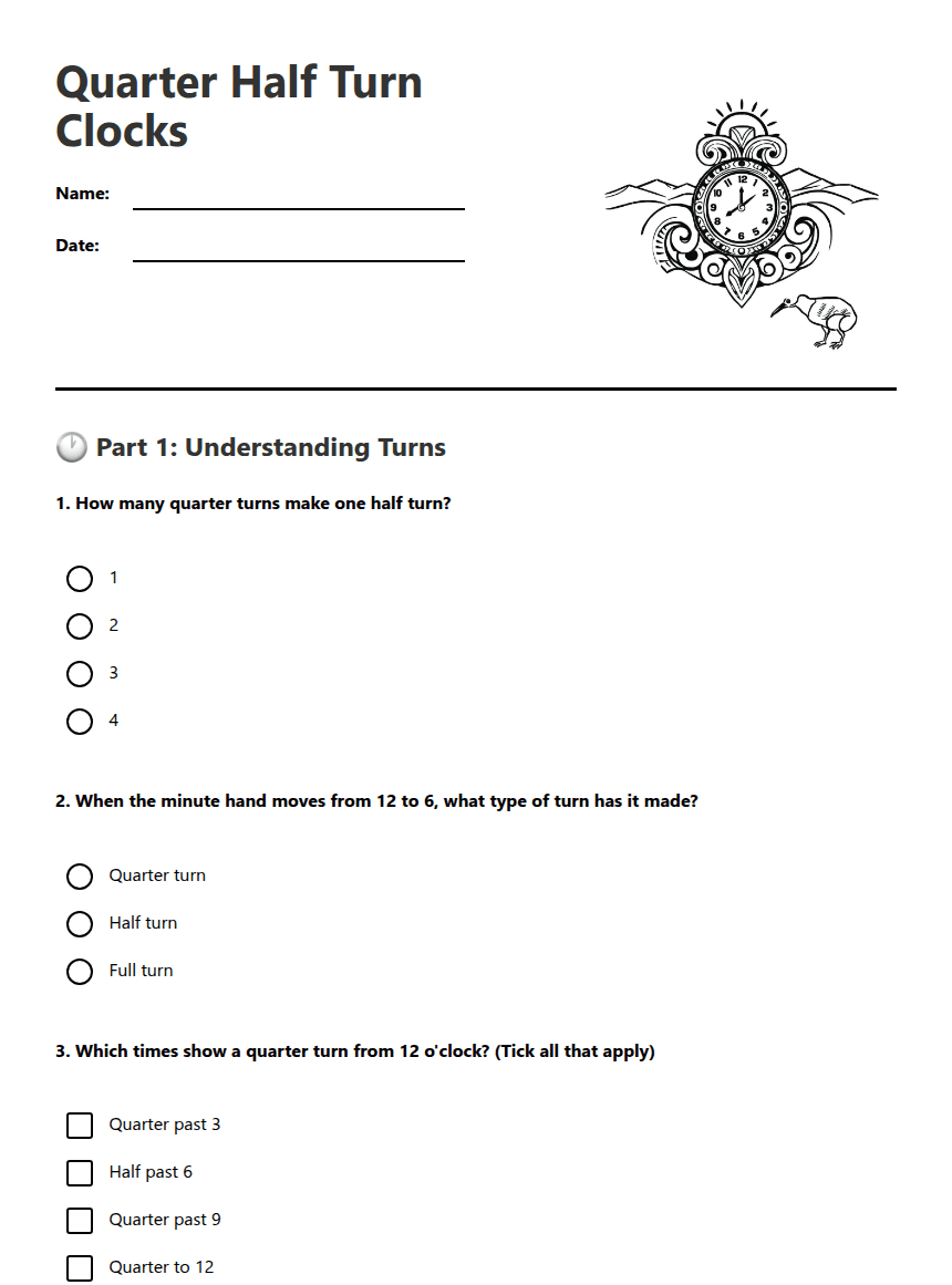 Quarter Half Turn Clocks worksheet preview