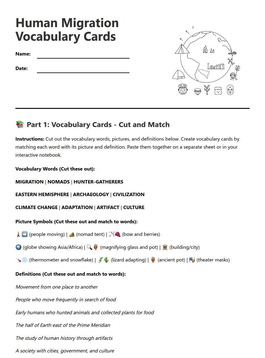Human Migration Vocabulary Cards worksheet preview