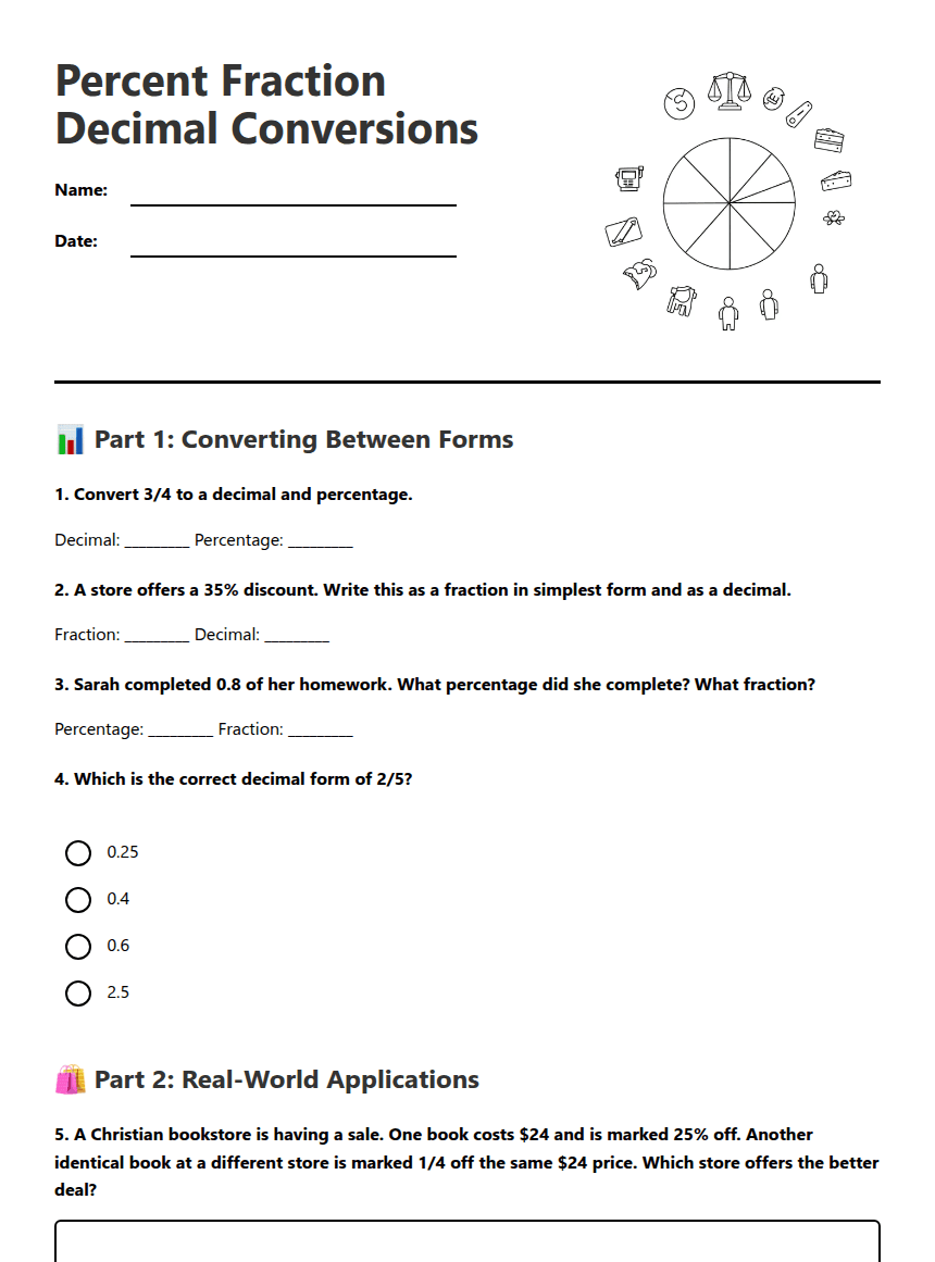 Percent Fraction Decimal Conversions worksheet preview