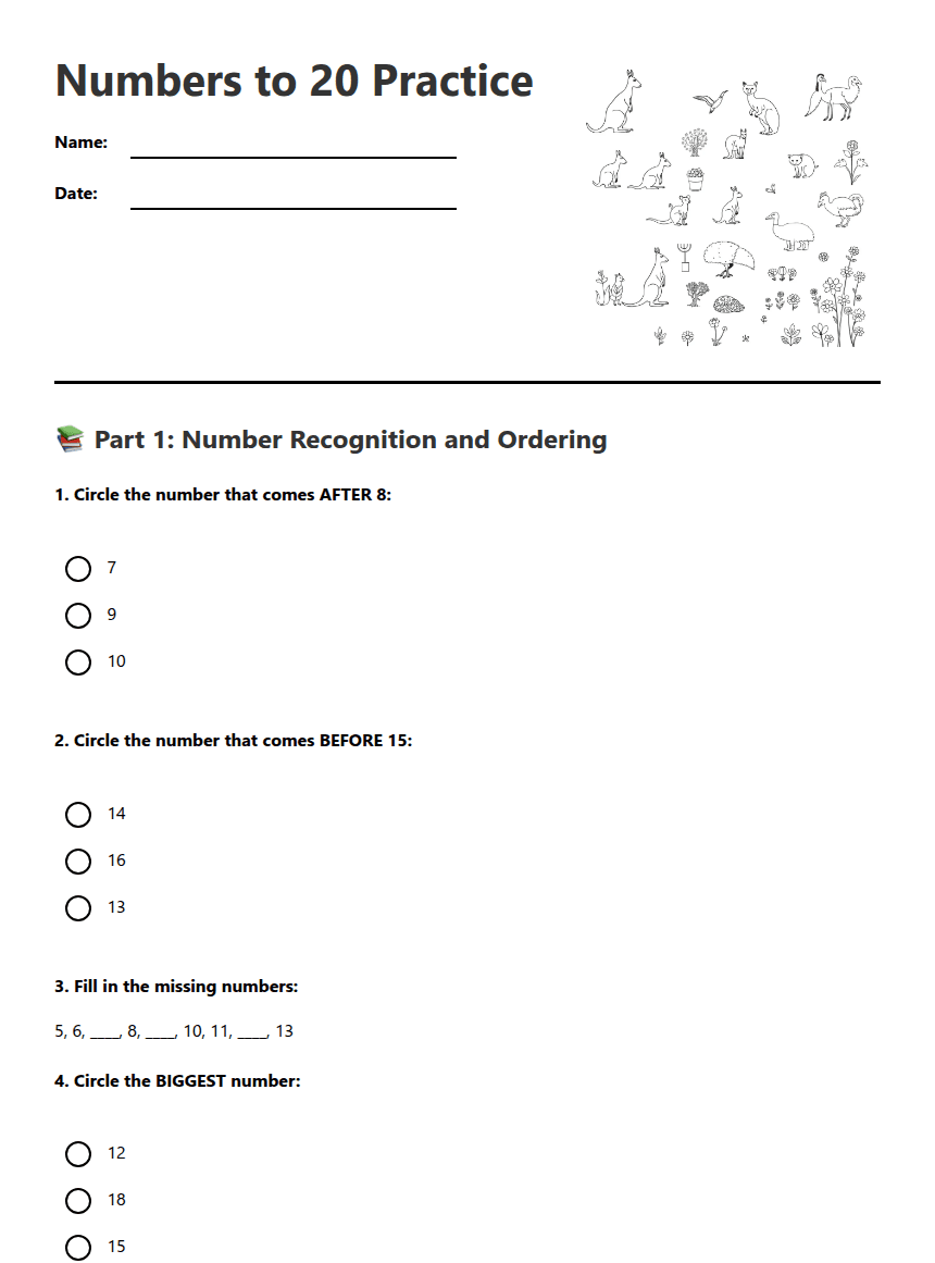 Numbers to 20 Practice worksheet preview