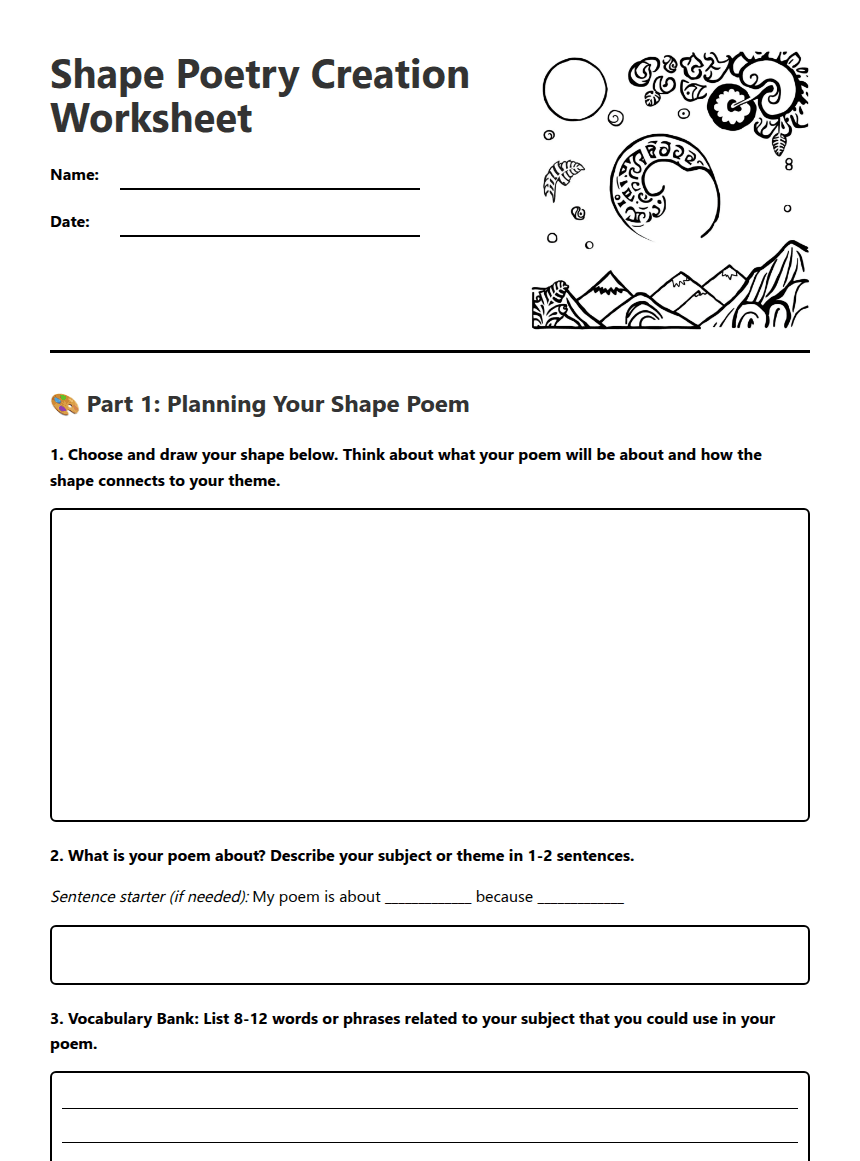 Shape Poetry Creation Worksheet worksheet preview
