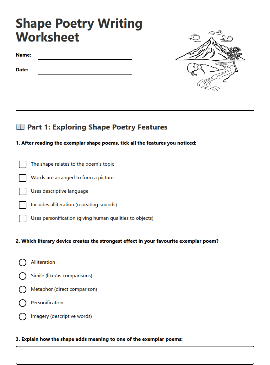 Shape Poetry Writing Worksheet worksheet preview
