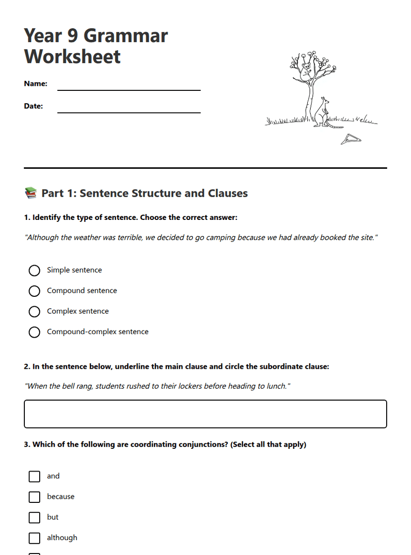 Year 9 Grammar Worksheet