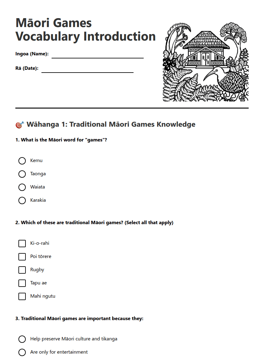 Māori Games Vocabulary Introduction worksheet preview