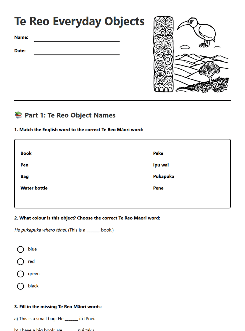 Te Reo Everyday Objects
