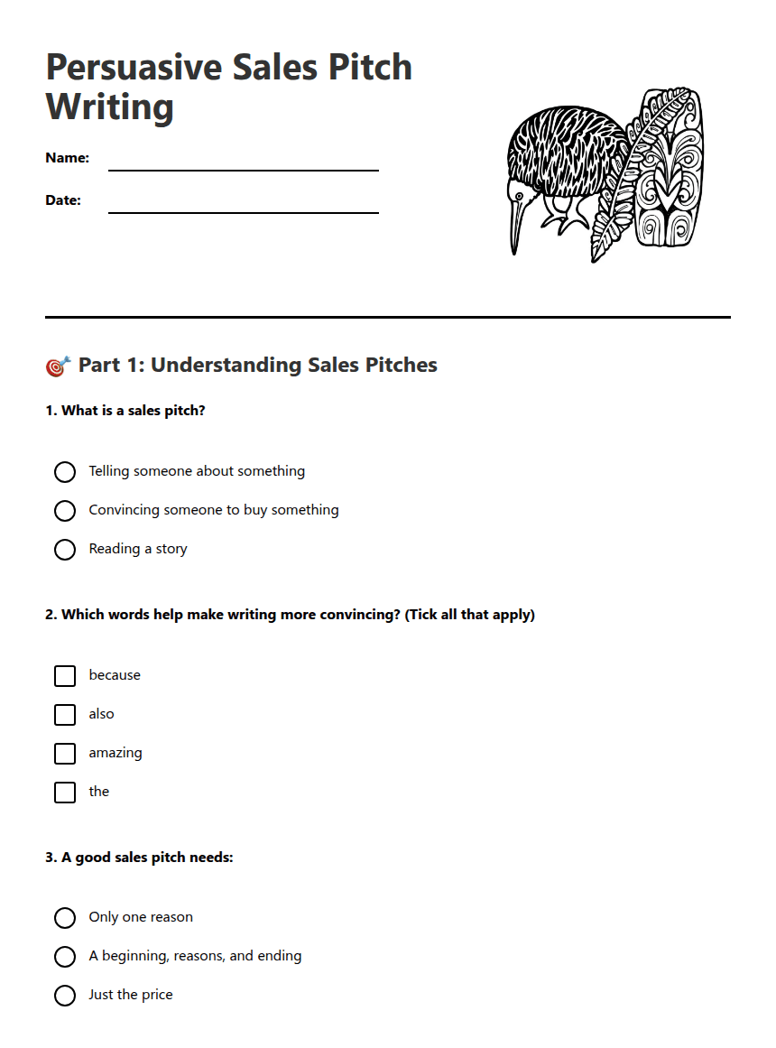 Persuasive Sales Pitch Writing worksheet preview