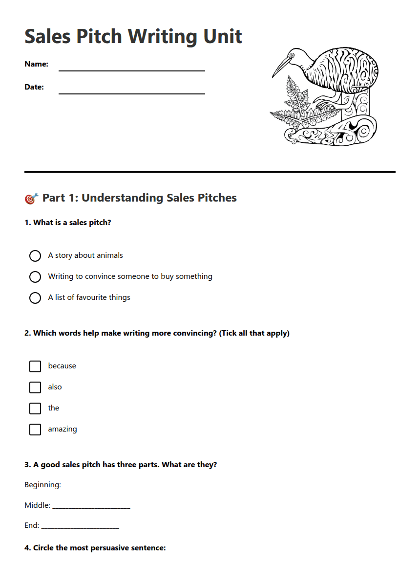 Sales Pitch Writing Unit worksheet preview