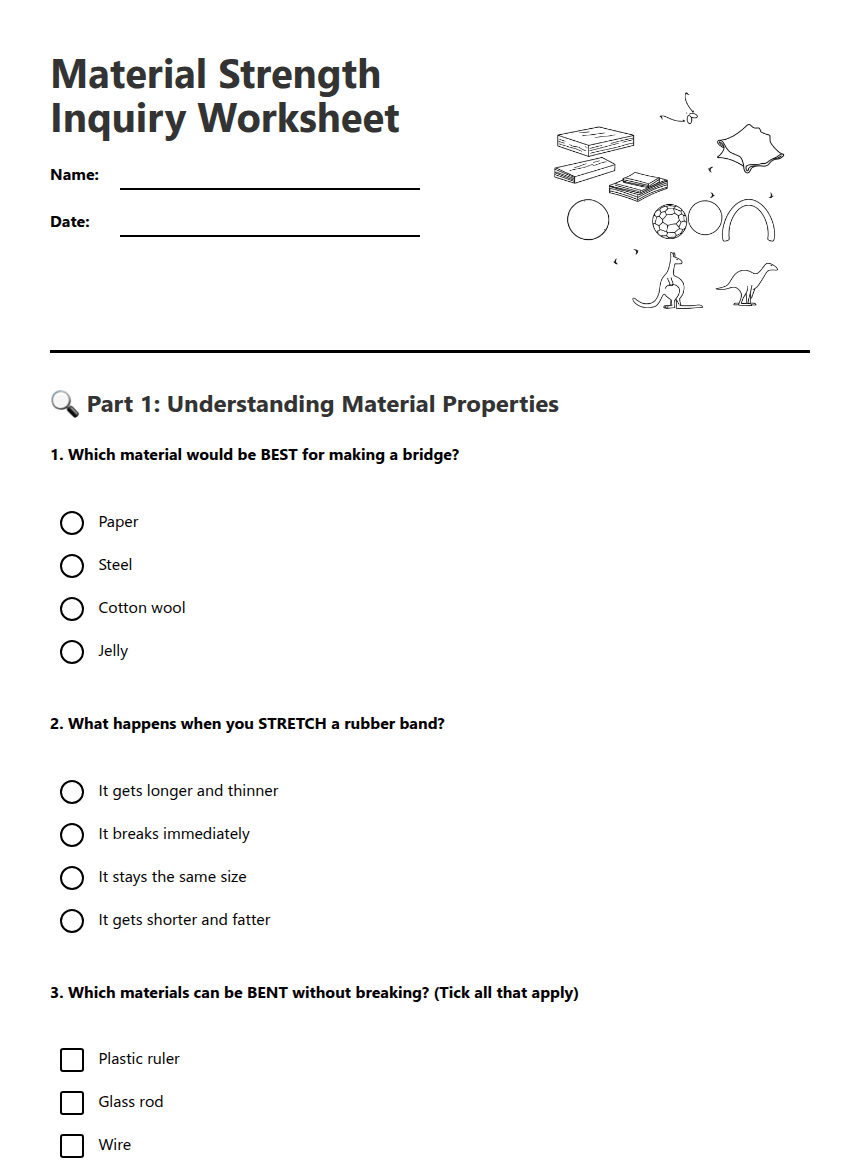Material Strength Inquiry Worksheet worksheet preview